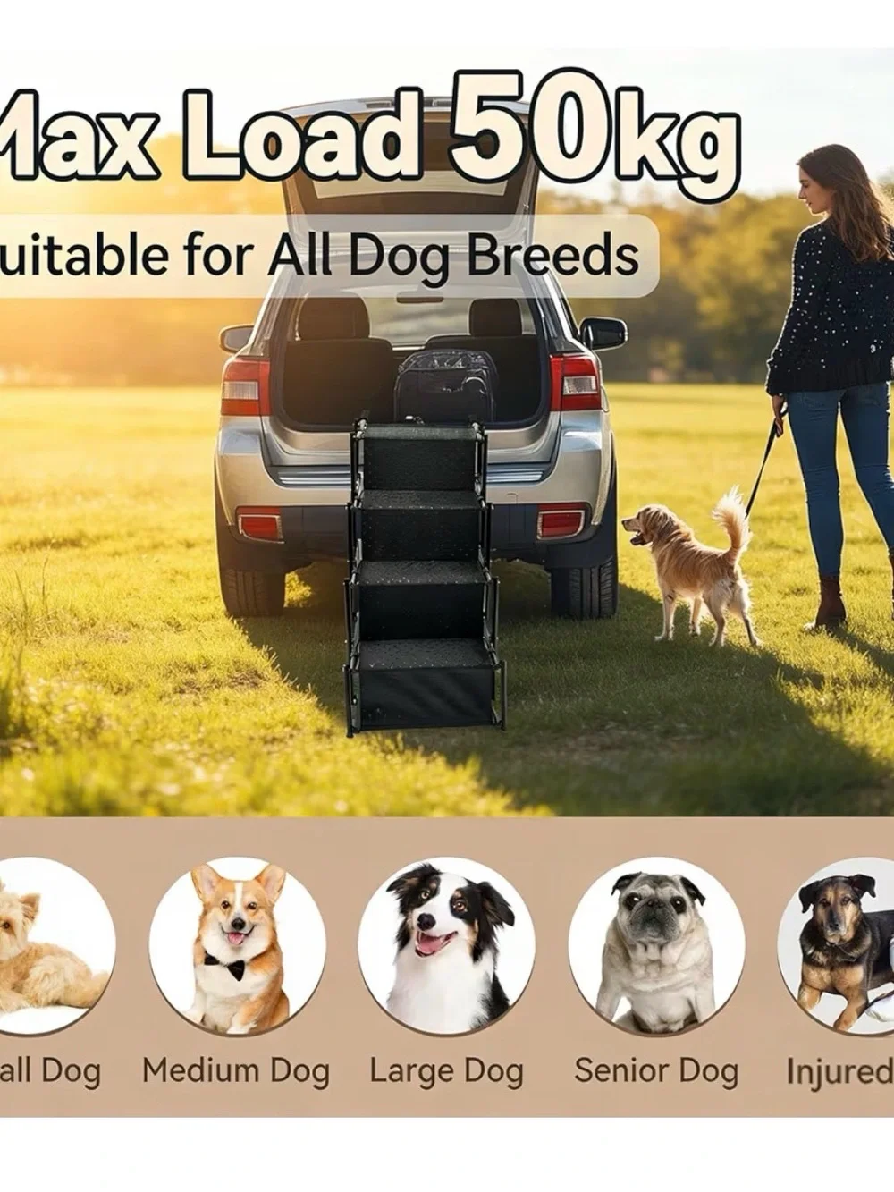Foldable 5 steps Dog Ramp Stairs for Cars - Portable Pet Steps Up to 100lb